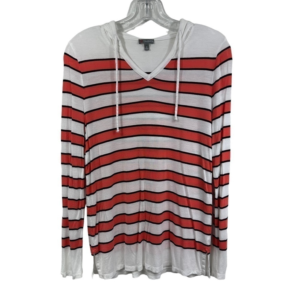 Talbots Coral and White Striped Lightweight Long Sleeve Hoodie, M